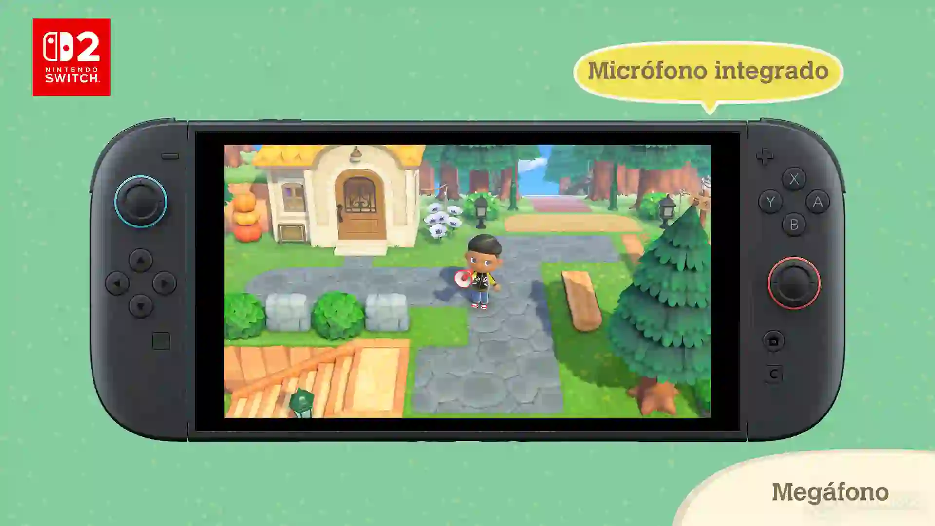 Nuevo Joy-Con 2 de Nintendo Switch 2 con micrófono integrado y función Megáfono para localizar a los residentes en Animal Crossing: New Horizons.