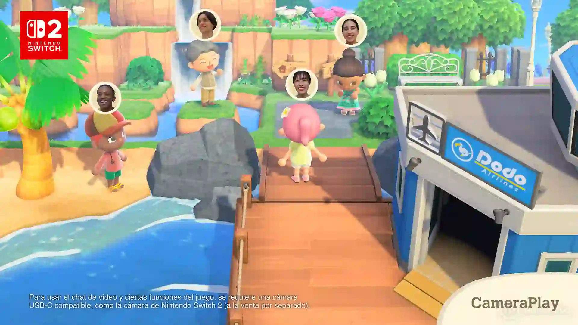 Jugadores de Animal Crossing: New Horizons en una isla tropical muestran sus rostros usando la función CameraPlay con una cámara USB compatible en la Nintendo Switch 2 Edition.