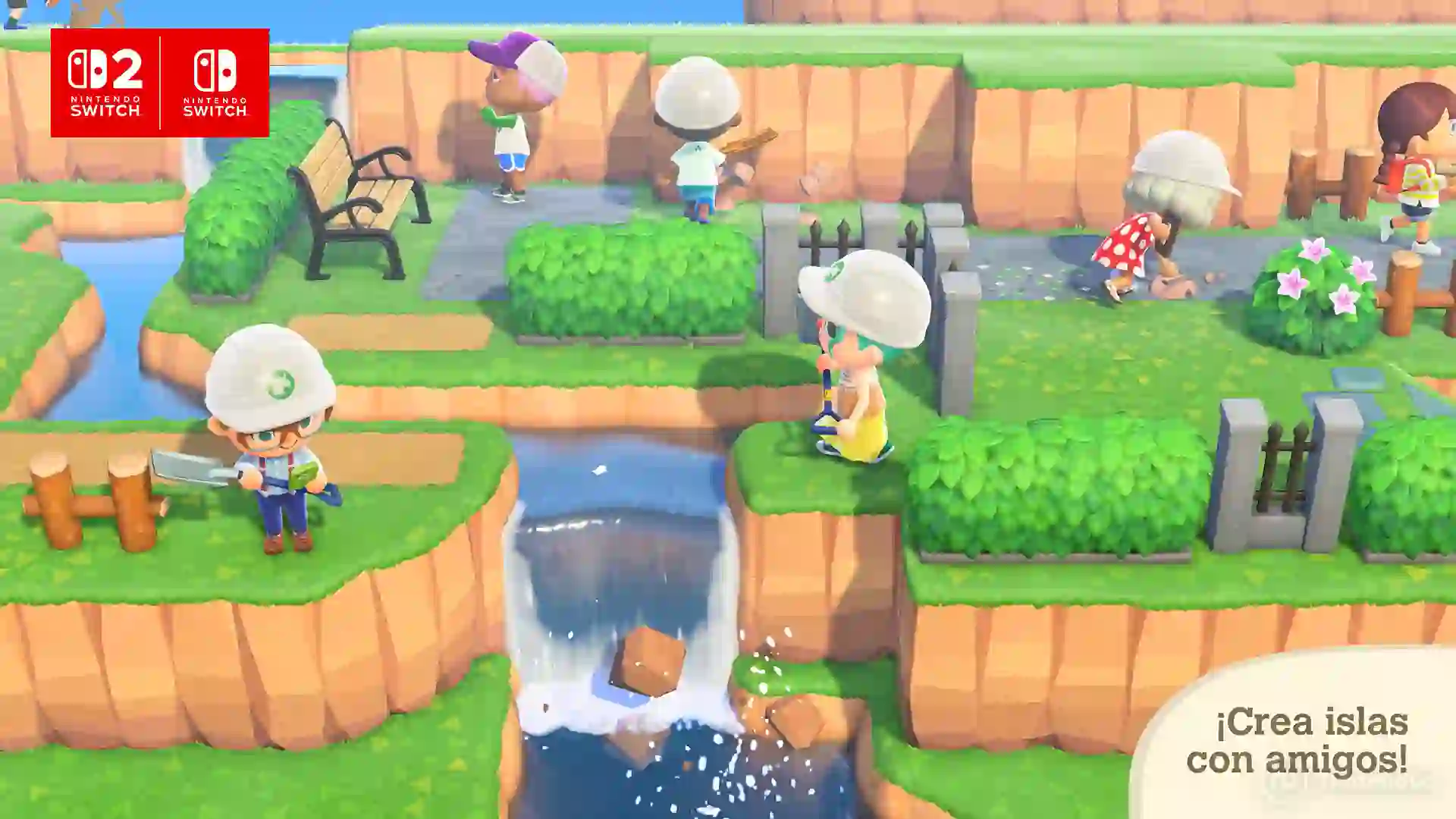 Jugadores con cascos de construcción colaboran para crear y modificar islas en Animal Crossing: New Horizons, resaltando la opción de editar paisajes y jugar con amigos en la Nintendo Switch 2 Edition.