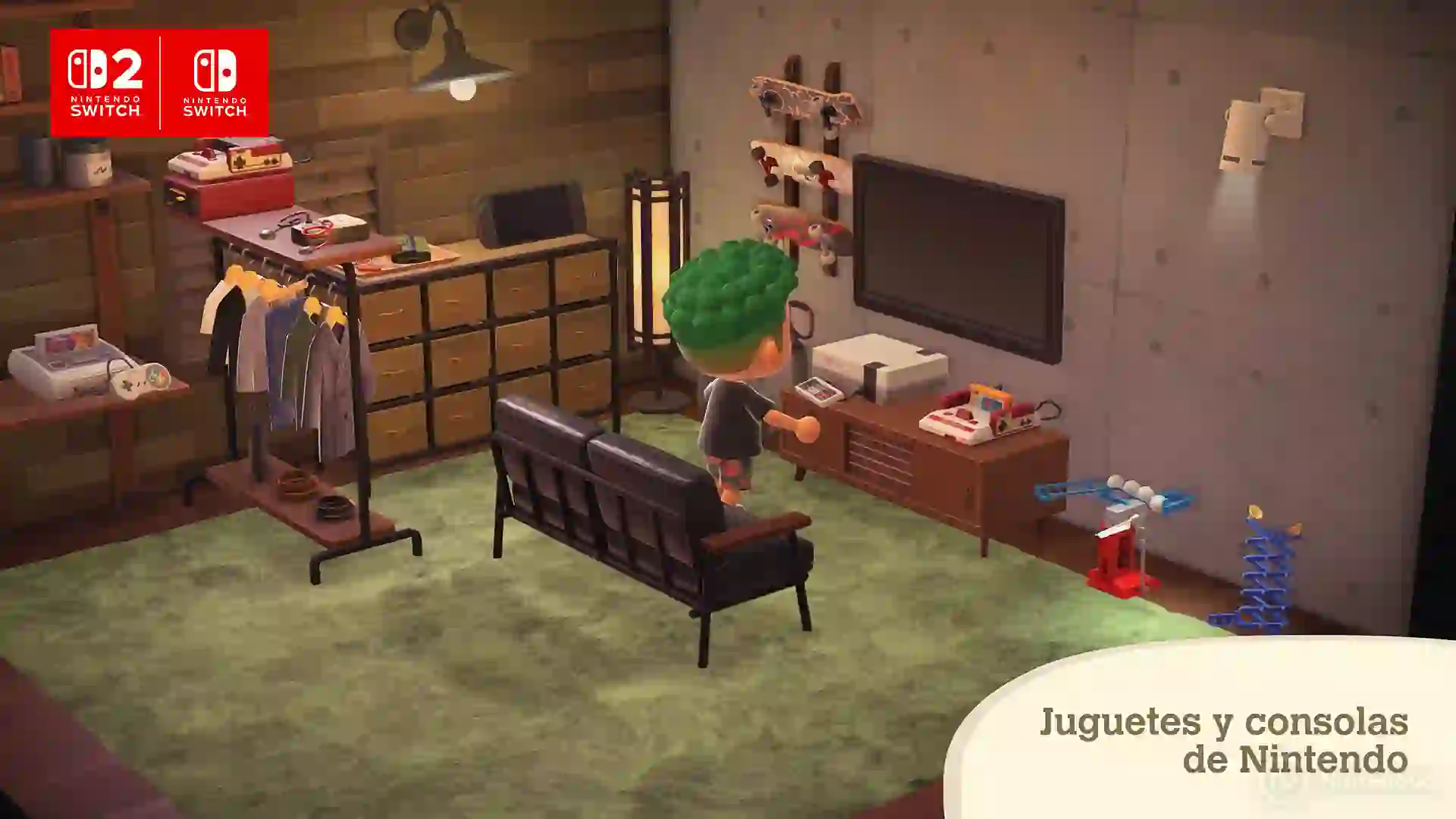 Aldeano visitando una habitación decorada con juguetes retro y consolas clásicas de Nintendo en Animal Crossing: New Horizons, con ropa colgada y mobiliario vintage.