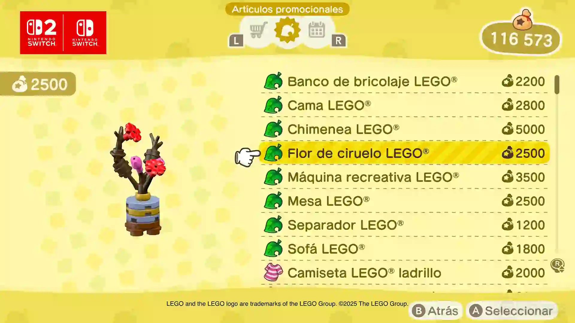 Catálogo de artículos promocionales LEGO en Animal Crossing: New Horizons, mostrando muebles y objetos como Flor de ciruelo LEGO, Cama LEGO y Chimenea LEGO con sus precios en bayas.