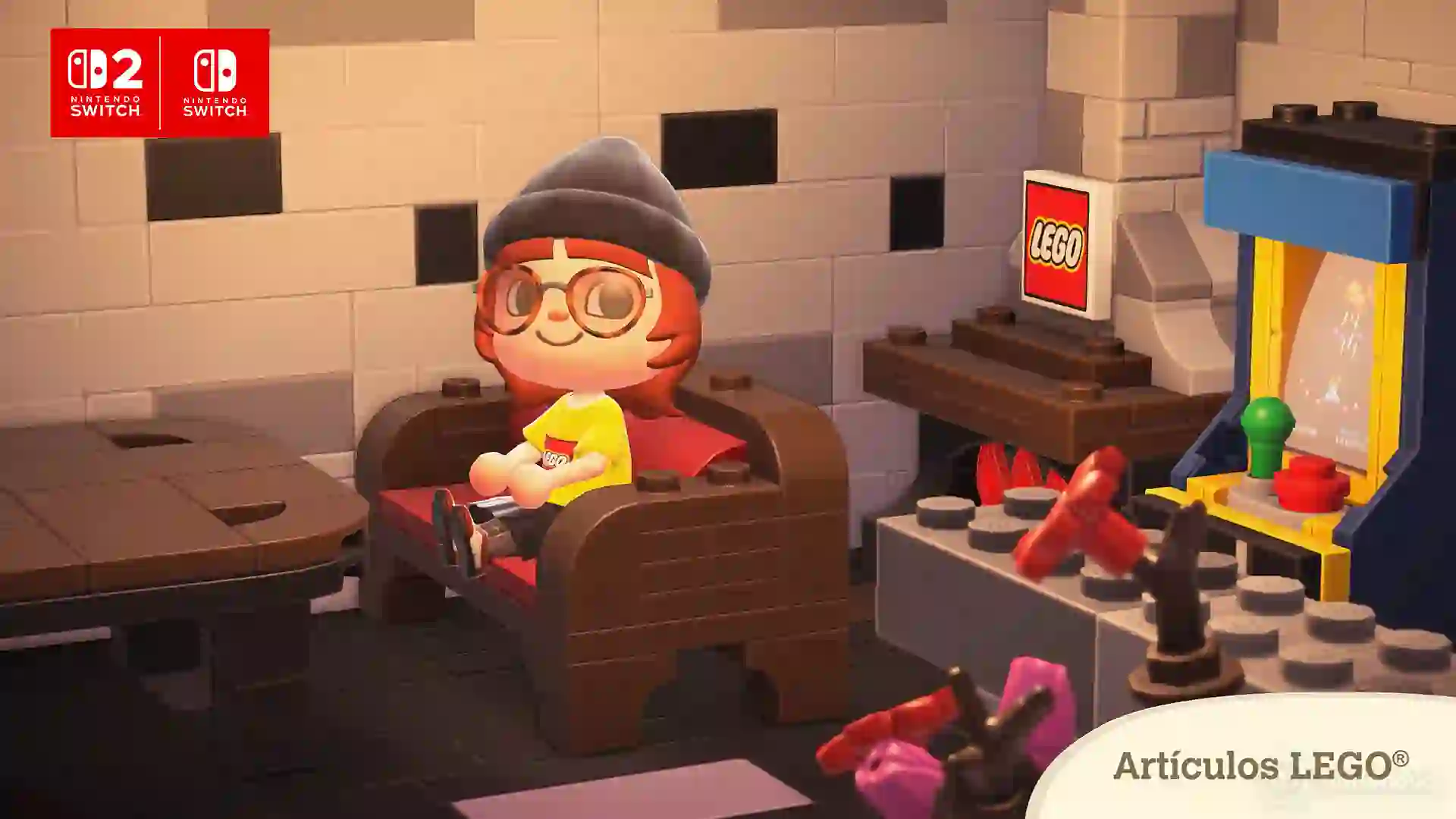 Aldeano relajado en una habitación construida con bloques LEGO en Animal Crossing: New Horizons, mostrando la colaboración con artículos LEGO.