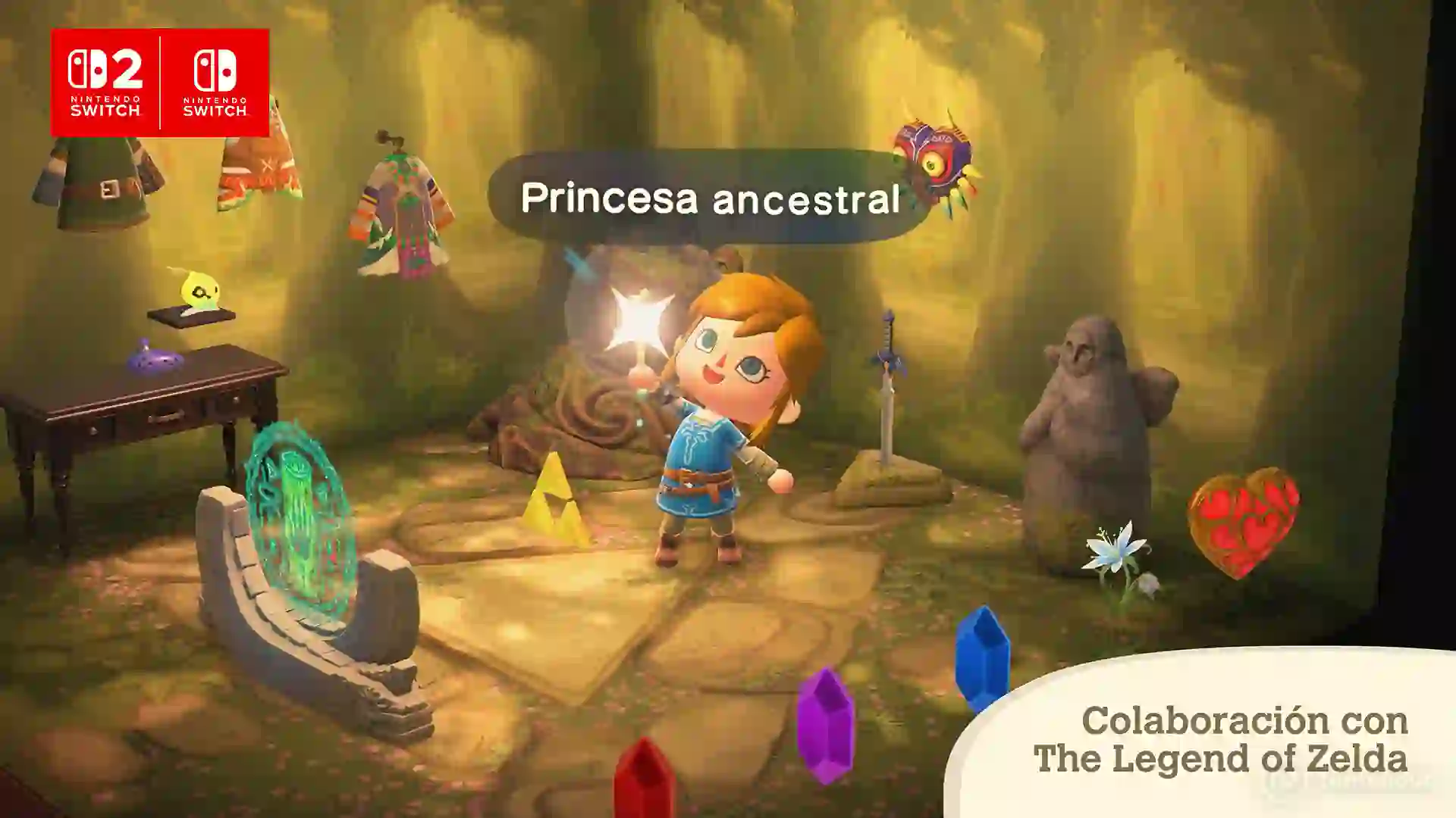 Aldeano vestido como Link en la colaboración con The Legend of Zelda en Animal Crossing: New Horizons, rodeado de la Espada Maestra, la Trifuerza y cristales en una cueva mística.