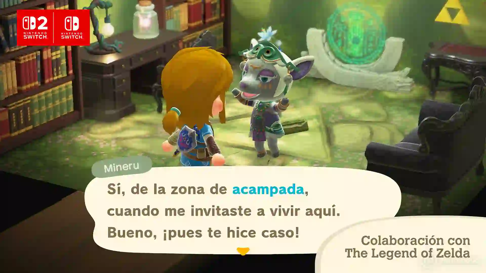 Encuentro con Mineru de The Legend of Zelda conversando con una aldeana en una sala decorada con elementos de la saga durante la colaboración de Animal Crossing: New Horizons.