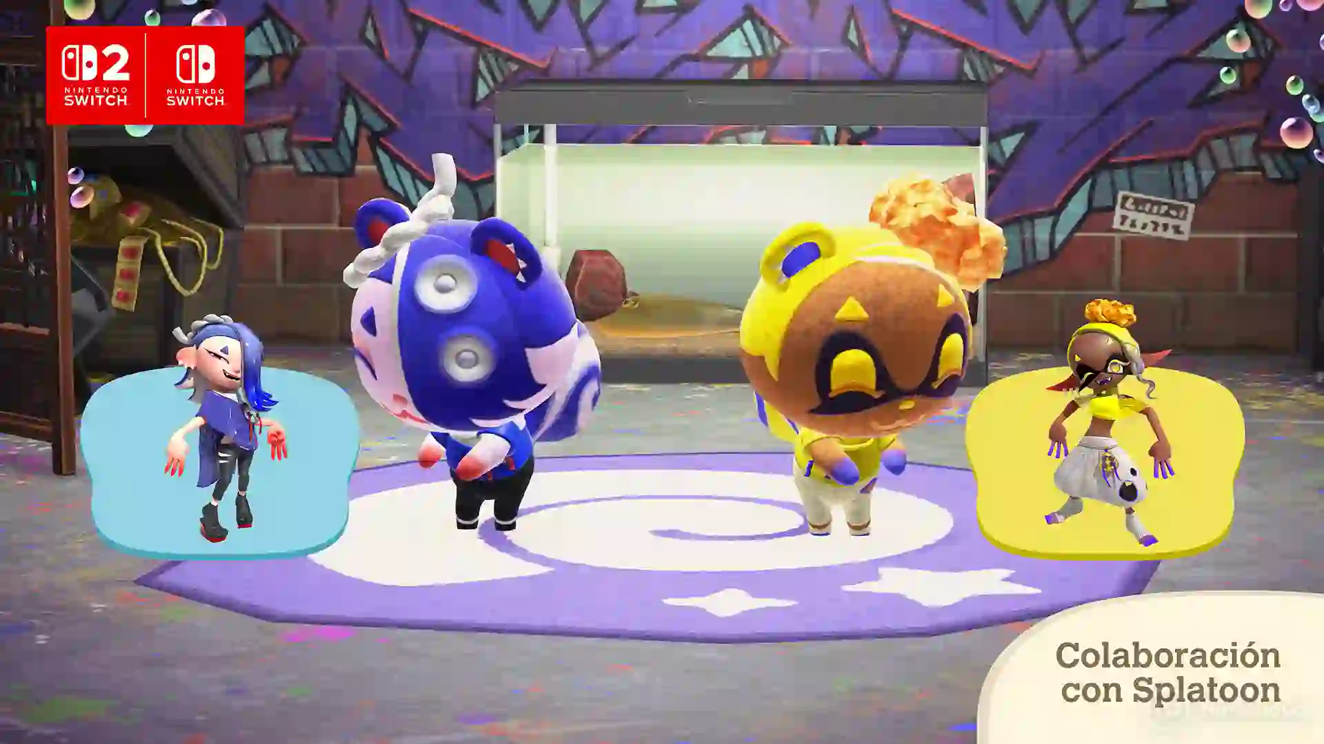 Aldeanos de Animal Crossing: New Horizons vestidos con atuendos de Splatoon bailan en un escenario decorado con motivos de la colaboración con Splatoon.