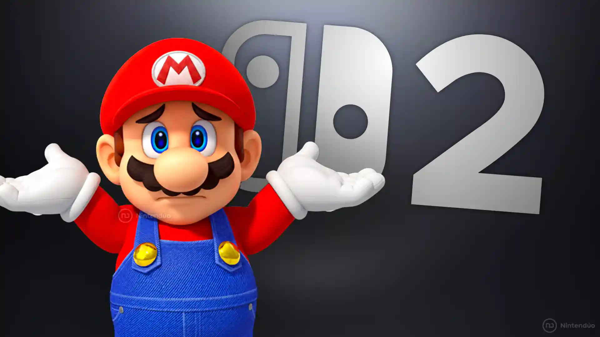 Mario se encoge de hombros frente al logotipo de Nintendo Switch 2, indicando que una app esencial aún no está disponible