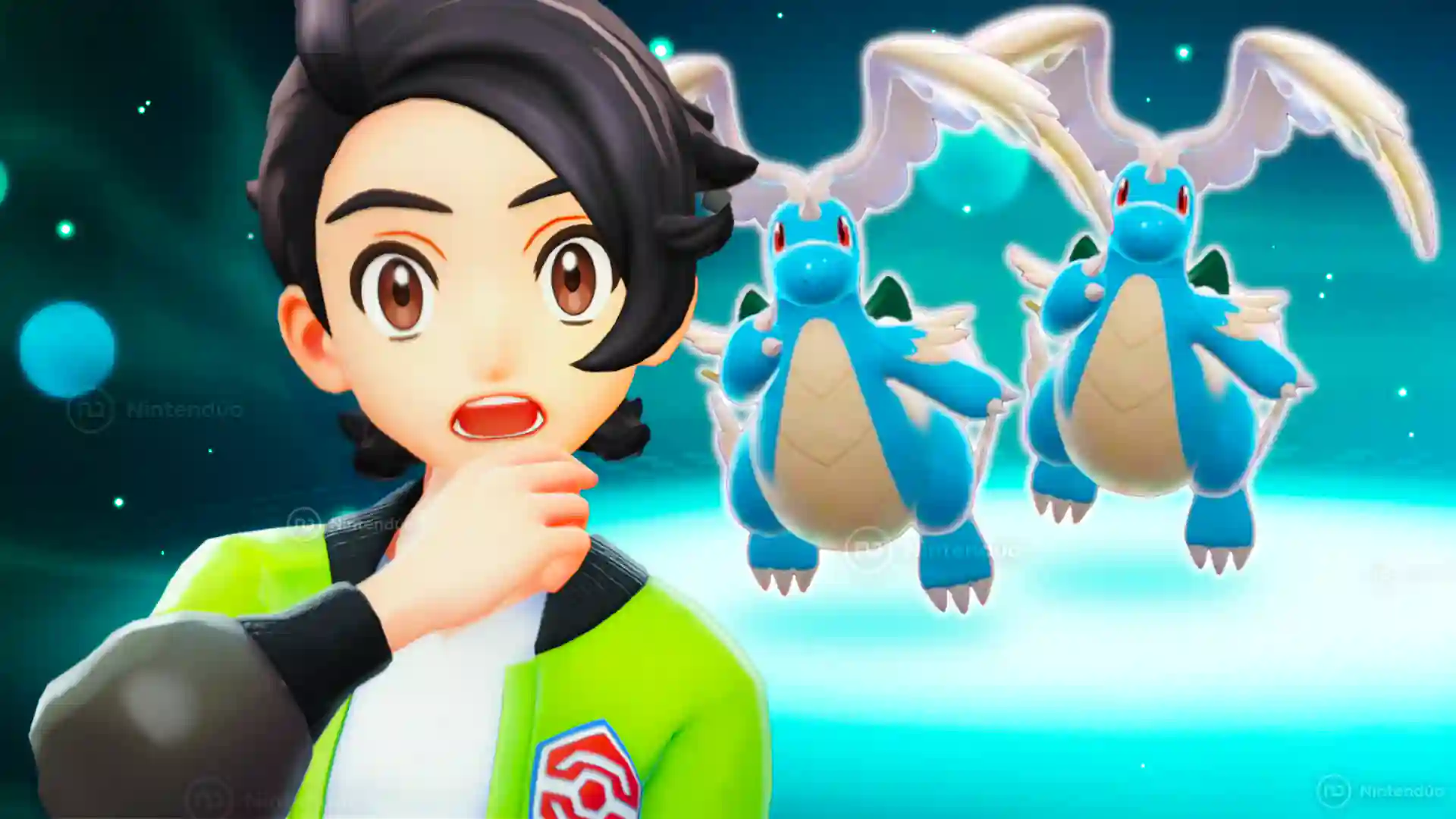 Entrenador atónito en Leyendas Pokémon ZA con dos Charizard Shiny flotando a su alrededor, ilustrando un truco para clonar Pokémon Shiny.