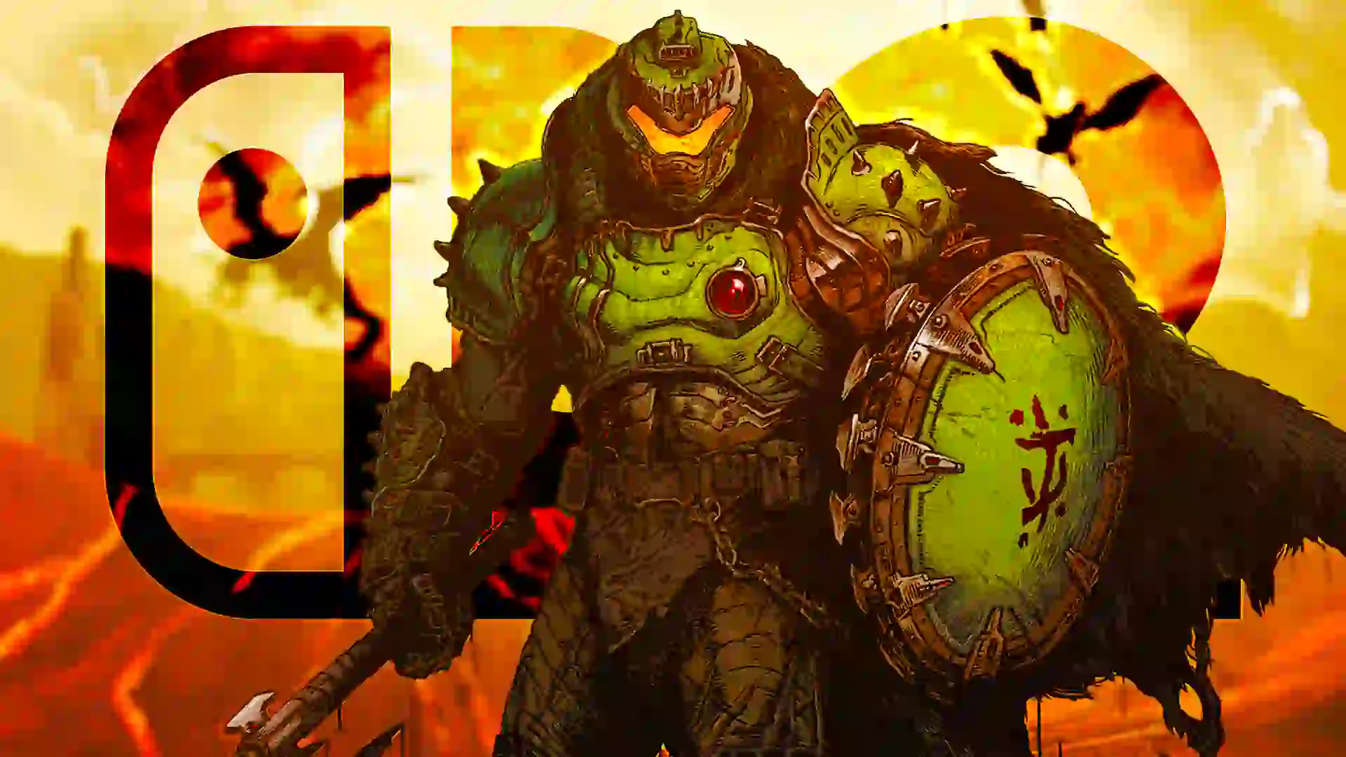 Ilustración de DOOM: The Dark Ages con el Doom Slayer portando una armadura medieval y un escudo verde frente a un fondo ardiente y el logo de Doom.