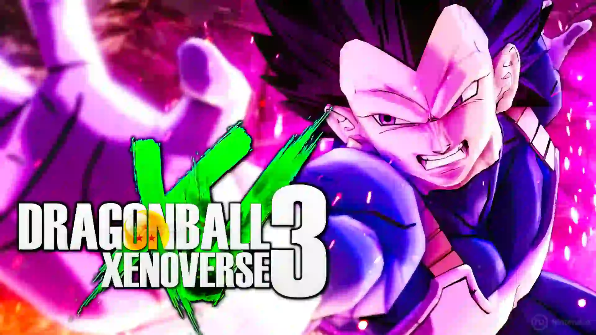 Vegeta con aura púrpura lanza un ataque junto al logo de Dragon Ball Xenoverse 3 con una X verde brillante.