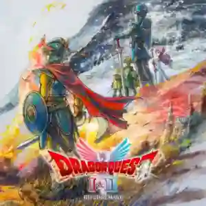 Arte oficial de Dragon Quest I & II HD-2D Remake con dos héroes armados y el logo del juego sobre un paisaje acuarelado