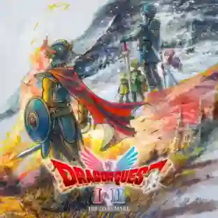 Arte oficial de Dragon Quest I & II HD-2D Remake con dos héroes armados y el logo del juego sobre un paisaje acuarelado