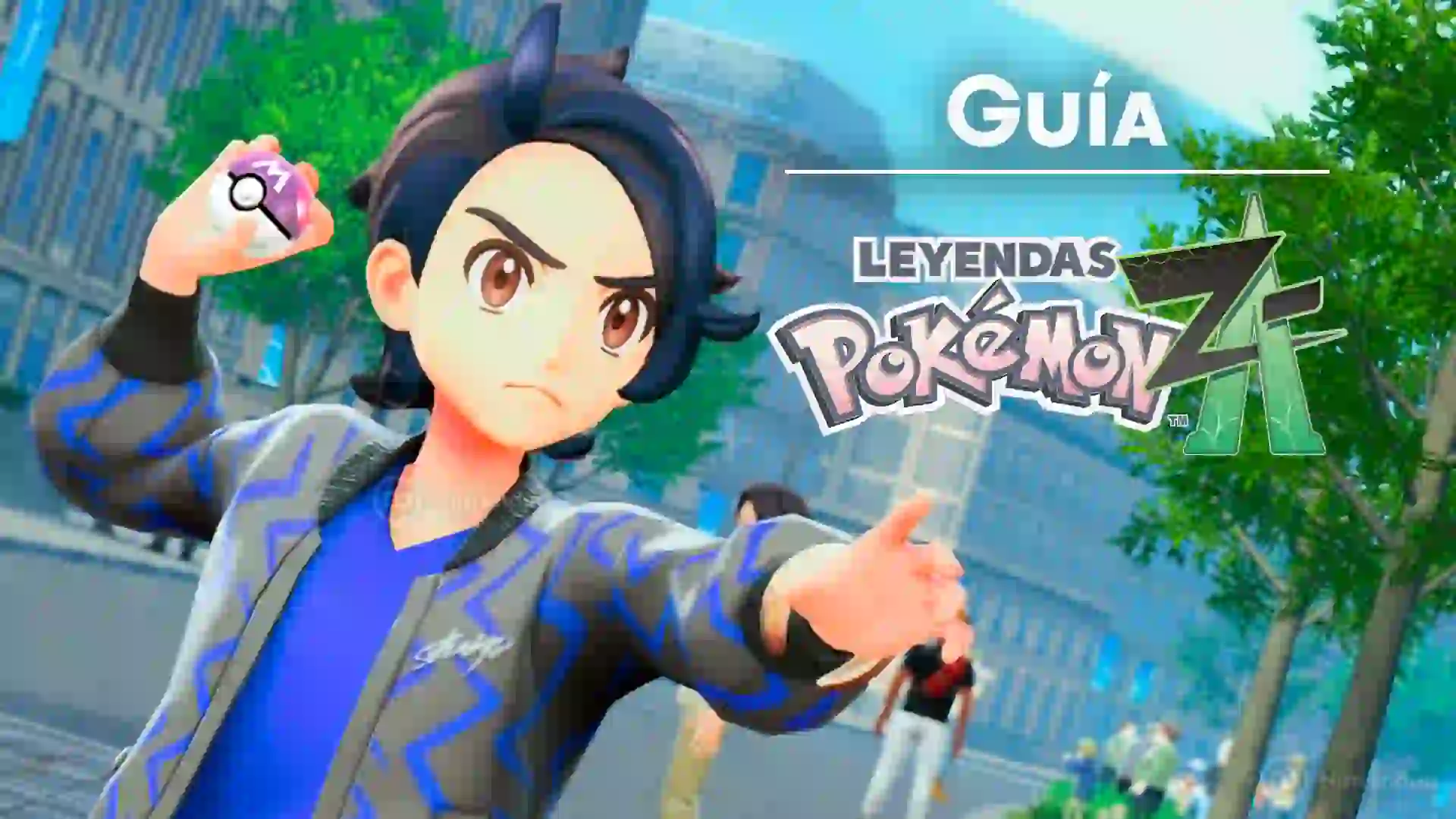 Joven entrenador de Leyendas Pokémon Z‑A con chaqueta azul se prepara para lanzar una Poké Ball en una calle de ciudad, acompañado por el título de la guía sobre Master Balls infinitas.
