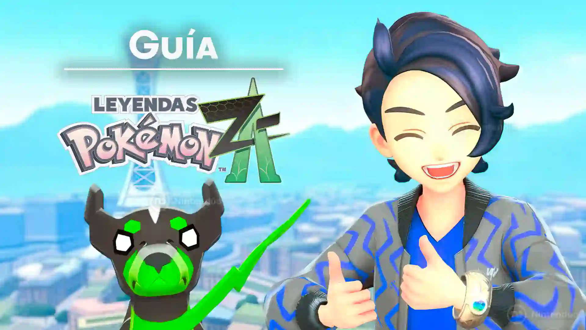 Ilustración promocional de una guía de Pokémon Legends Z-A con un entrenador sonriente y Zygarde núcleo sobre un fondo de ciudad y cielo azul.