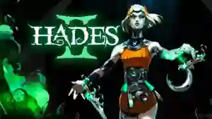 Ilustración promocional de Hades II que muestra a la protagonista Melinoë empuñando una hoz y un puñal envueltos en magia verde frente al logotipo del juego.