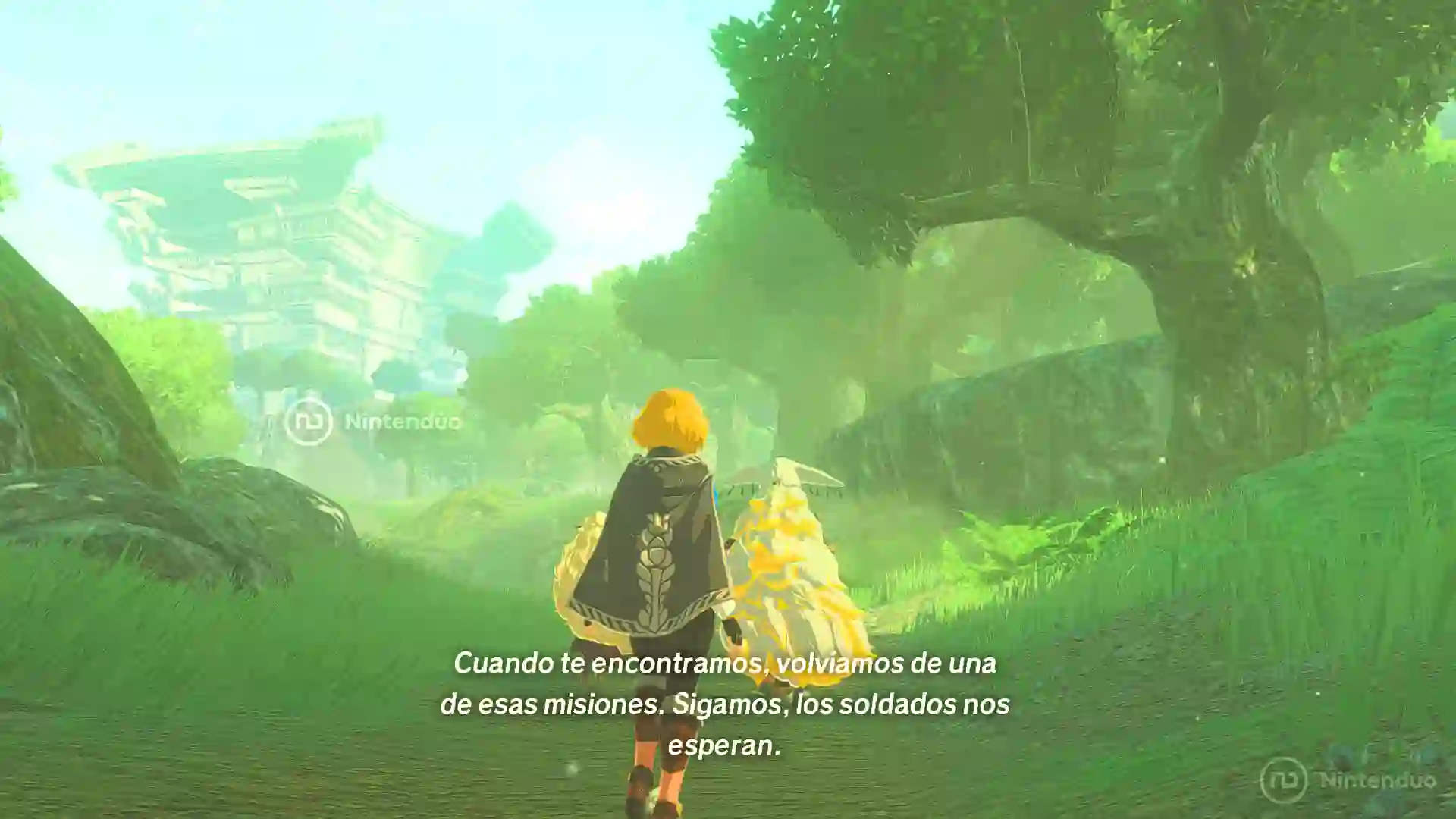 Zelda camina junto a una figura esquelética dorada por un bosque en Hyrule Warriors: La Era del Destierro, recordando una misión mientras los soldados les esperan.