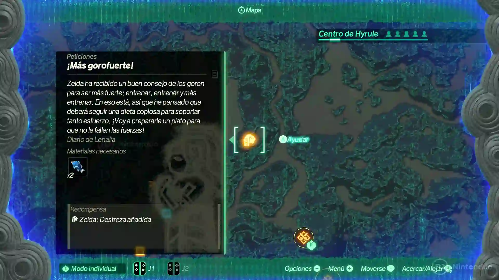 Mapa del Centro de Hyrule en Hyrule Warriors: La Era del Destierro mostrando la misión ¡Más gorofuerte! con descripción y materiales necesarios para preparar un plato para los zora.