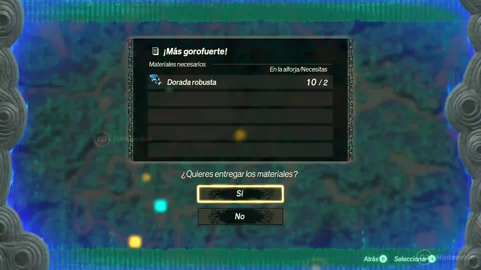 Menú de misión ¡Más gorofuerte! en Hyrule Warriors: La Era del Destierro mostrando requisitos de materiales Dorada robusta y las opciones Sí y No.