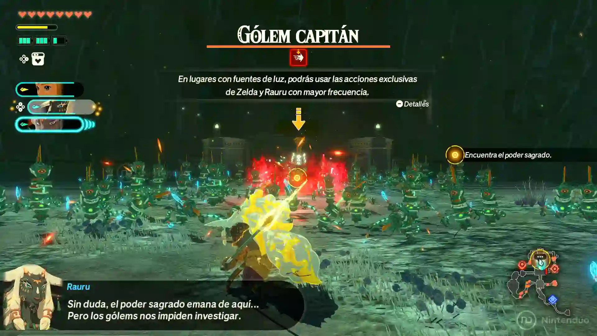 Combate contra el Gólem Capitán en Hyrule Warriors: La Era del Destierro con un héroe atacando entre plantas luminosas y Rauru comentando que el poder sagrado emana del lugar.
