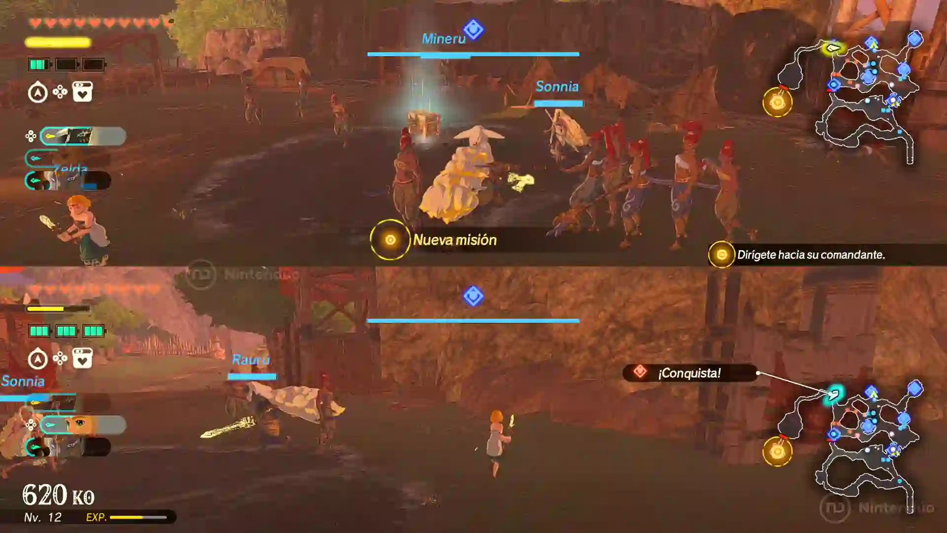 Imagen dividida de Hyrule Warriors: La Era del Destierro con Mineru, Sonia y Rauru enfrentándose a tropas gerudo y completando una nueva misión con 620 K.O.