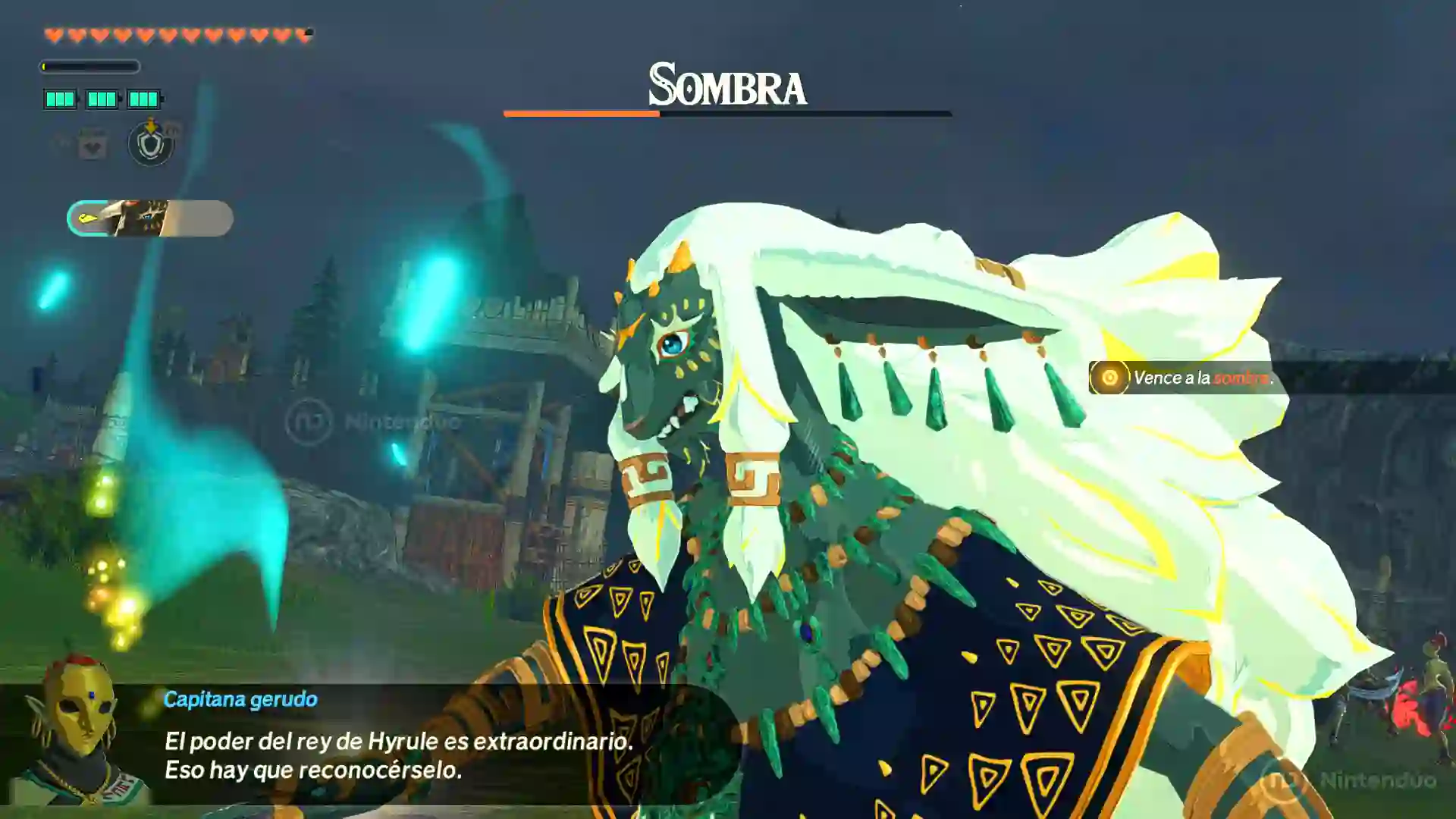 Combate contra Sombra en Hyrule Warriors: La Era del Destierro, con la Capitana gerudo admirando el poder del rey de Hyrule.