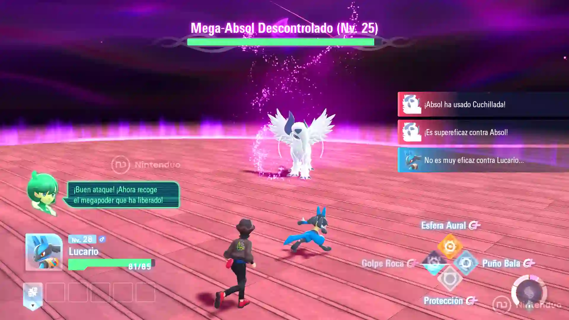 Combate contra un Mega Absol descontrolado de nivel 25 en Leyendas Pokémon Z-A para Nintendo Switch 2, con el entrenador ordenando a su Lucario nivel 28 usar movimientos como Esfera Aural en una arena violeta.
