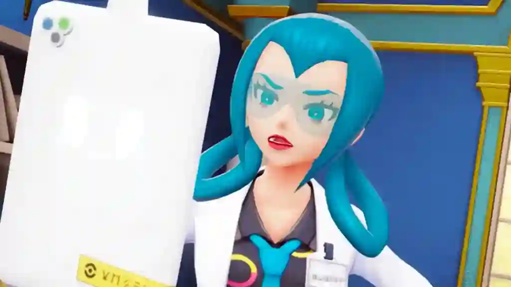 Una científica de Leyendas Pokémon ZA con cabello azul y bata sostiene un gran smartphone blanco mientras explica el método para conseguir el Amuleto Iris.