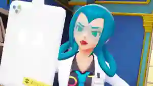 Una científica de Leyendas Pokémon ZA con cabello azul y bata sostiene un gran smartphone blanco mientras explica el método para conseguir el Amuleto Iris. Una científica de Leyendas Pokémon ZA con cabello azul y bata sostiene un gran smartphone blanco mientras explica el método para conseguir el Amuleto Iris.