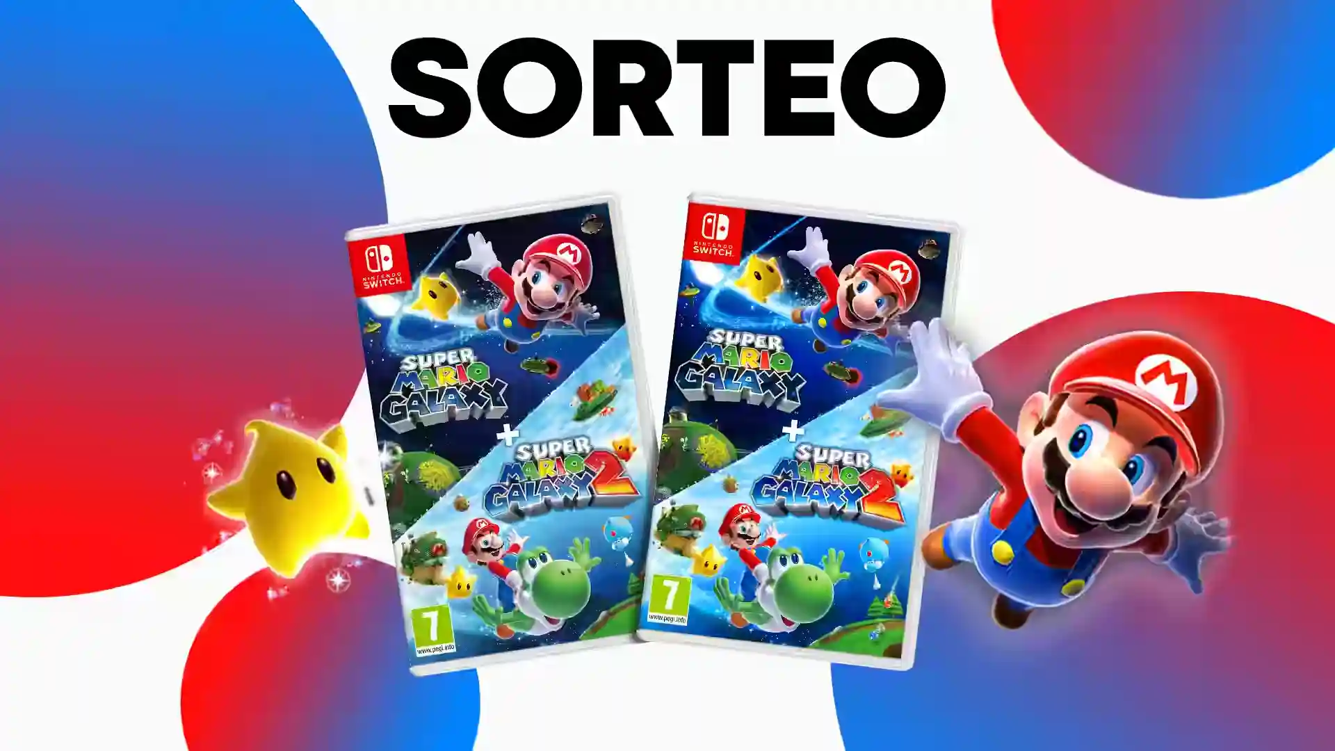 Banner de sorteo con dos copias físicas de Super Mario Galaxy 2 para Nintendo Switch, acompañado de Mario saltando con un Luma y un fondo de círculos rojo y azul.