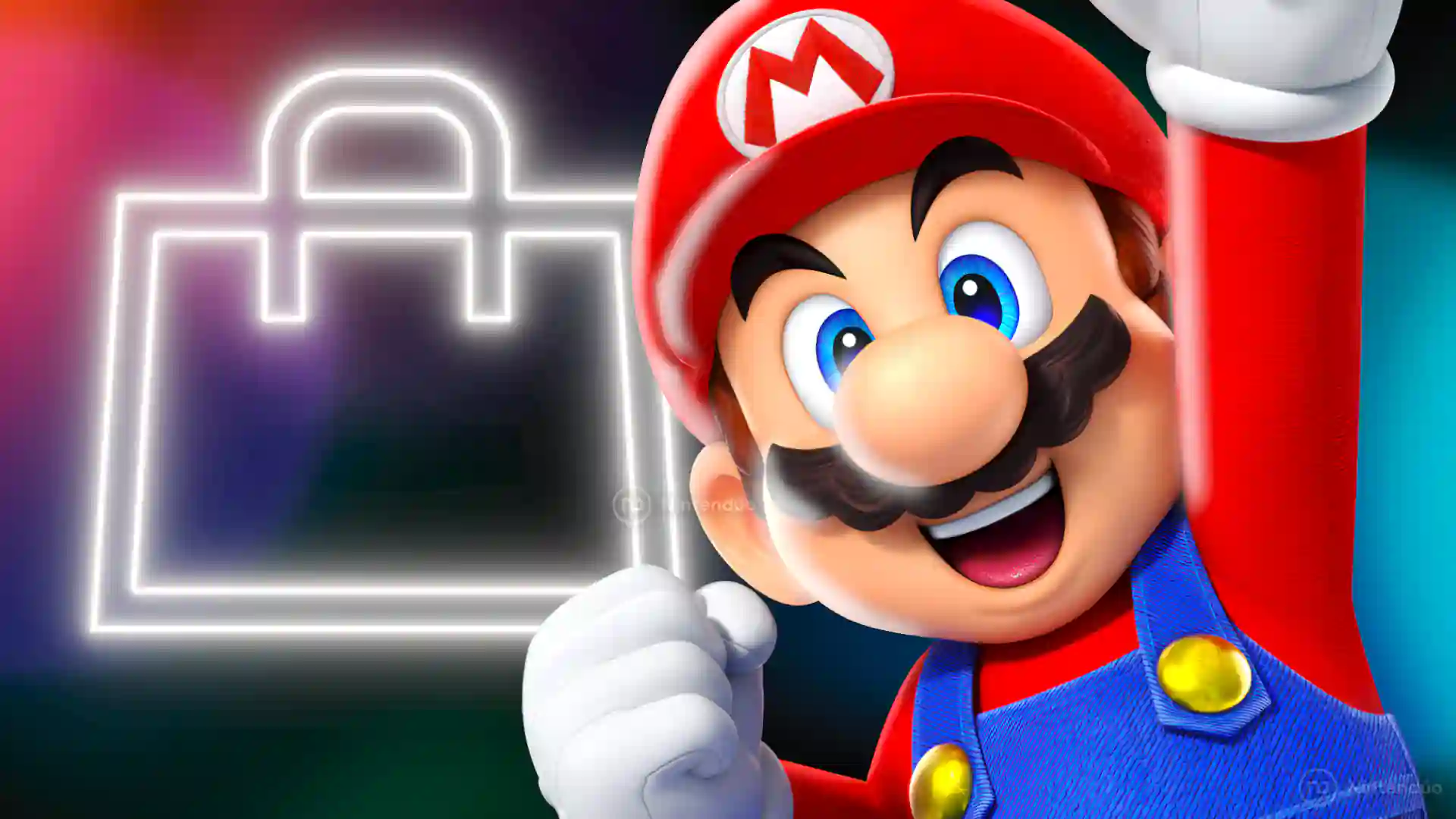 Mario de Nintendo levanta el puño frente a un icono de bolsa de compras iluminado, anunciando ofertas de juegos para la eShop de Nintendo Switch.