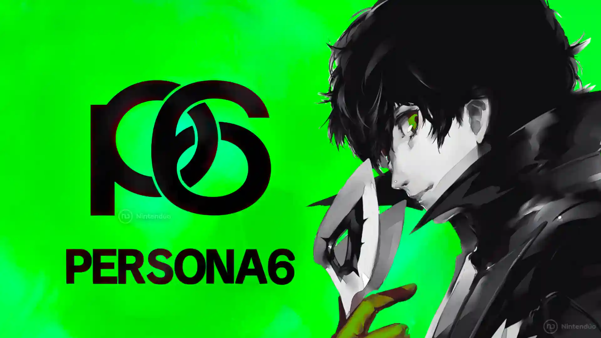 Arte de Joker de Persona 5 sosteniendo su mĂĄscara frente a un logotipo P6 sobre un fondo verde, promocionando Persona 6 de Atlus para Nintendo Switch 2.