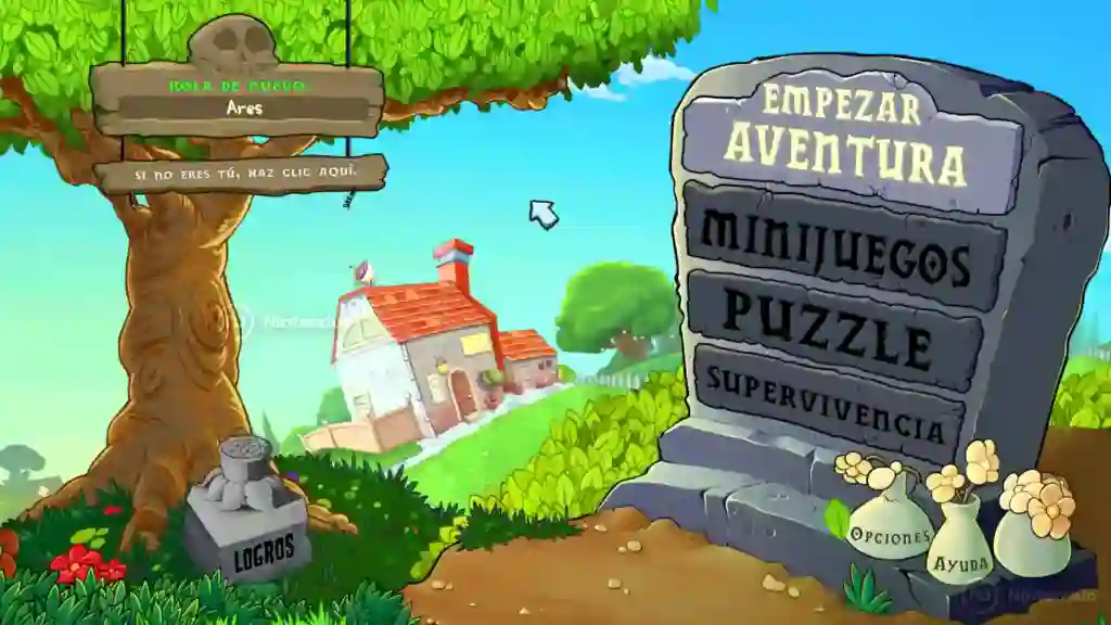 Pantalla de menú principal de Plants vs. Zombies: Trasplantado para Nintendo Switch 2 con un cartel de piedra que ofrece modos de aventura, minijuego, puzzle y supervivencia, junto a un árbol y una casa. Pantalla de menú principal de Plants vs. Zombies: Trasplantado para Nintendo Switch 2 con un cartel de piedra que ofrece modos de aventura, minijuego, puzzle y supervivencia, junto a un árbol y una casa.