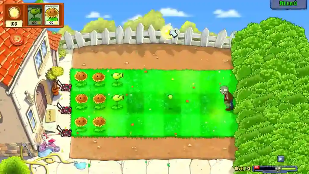 Nivel de Plants vs. Zombies: Trasplantado para Nintendo Switch 2 con girasoles y plantas que defienden un jardín contra un zombi que se acerca desde la derecha. Nivel de Plants vs. Zombies: Trasplantado para Nintendo Switch 2 con girasoles y plantas que defienden un jardín contra un zombi que se acerca desde la derecha.