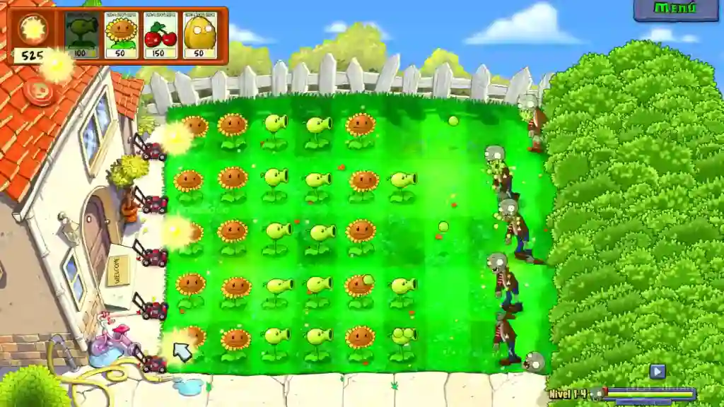 Partida de Plants vs. Zombies: Trasplantado para Nintendo Switch 2 con filas de girasoles y plantas defendiendo un jardín ante zombis que se acercan desde la derecha. Partida de Plants vs. Zombies: Trasplantado para Nintendo Switch 2 con filas de girasoles y plantas defendiendo un jardín ante zombis que se acercan desde la derecha.