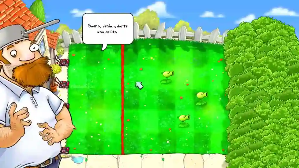 Crazy Dave saludando en Plants vs. Zombies: Trasplantado para Nintendo Switch 2 junto a un jardín dividido por una línea roja. Crazy Dave saludando en Plants vs. Zombies: Trasplantado para Nintendo Switch 2 junto a un jardín dividido por una línea roja.