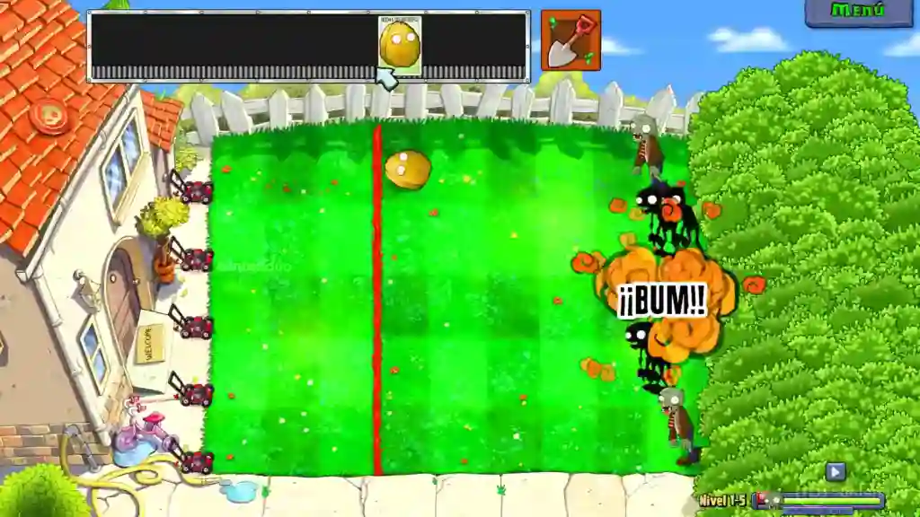 Explosión en Plants vs. Zombies: Trasplantado para Nintendo Switch 2 con un campo dividido por una línea roja donde los zombis son eliminados. Explosión en Plants vs. Zombies: Trasplantado para Nintendo Switch 2 con un campo dividido por una línea roja donde los zombis son eliminados.