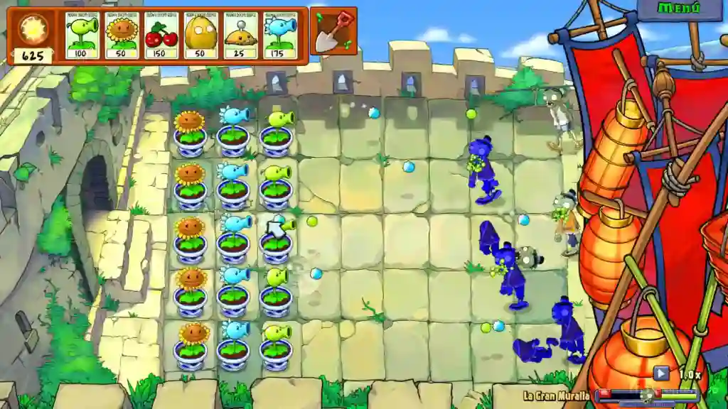 Escena de Plants vs. Zombies: Trasplantado para Nintendo Switch 2 en un nivel de ruinas, con plantas alineadas frente a zombis y una estructura roja a la derecha. Escena de Plants vs. Zombies: Trasplantado para Nintendo Switch 2 en un nivel de ruinas, con plantas alineadas frente a zombis y una estructura roja a la derecha.