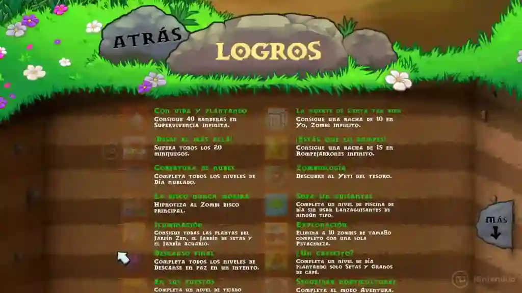 Pantalla de logros de Plants vs. Zombies: Trasplantado para Nintendo Switch 2 con una lista de misiones en un tablero de madera bajo un césped verde. Pantalla de logros de Plants vs. Zombies: Trasplantado para Nintendo Switch 2 con una lista de misiones en un tablero de madera bajo un césped verde.