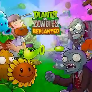 Ilustración oficial de Plants vs Zombies: Replanted para Nintendo Switch con el jardinero Dave, el guisante Peashooter y un girasol sonriente enfrentándose a una horda de zombis.