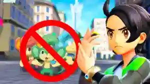 Entrenador en Leyendas Pokémon ZA señalando a Pansear, Pansage y Panpour con un símbolo rojo de prohibición. Entrenador en Leyendas Pokémon ZA señalando a Pansear, Pansage y Panpour con un símbolo rojo de prohibición.