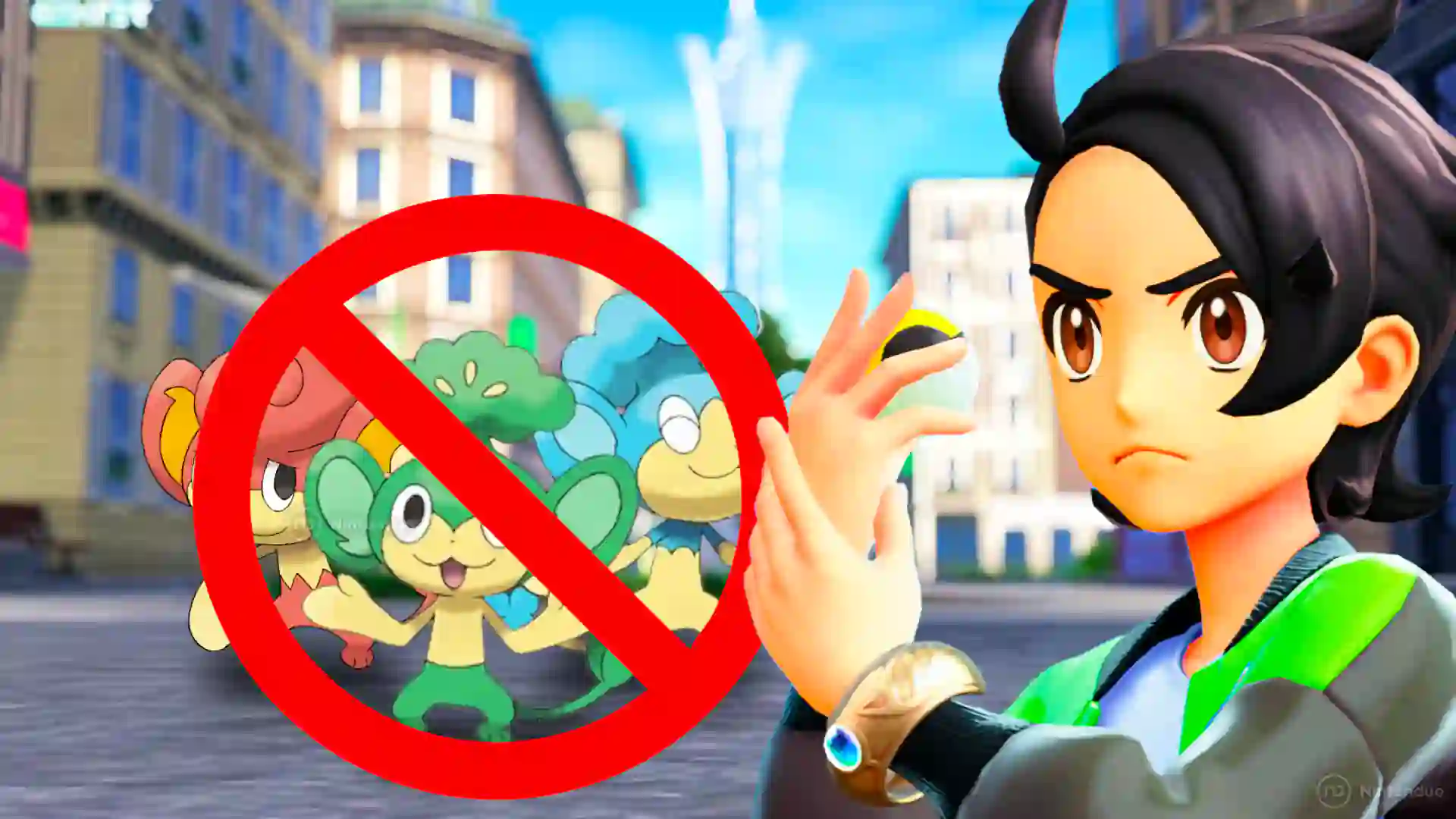 Entrenador en Leyendas Pokémon ZA señalando a Pansear, Pansage y Panpour con un símbolo rojo de prohibición.