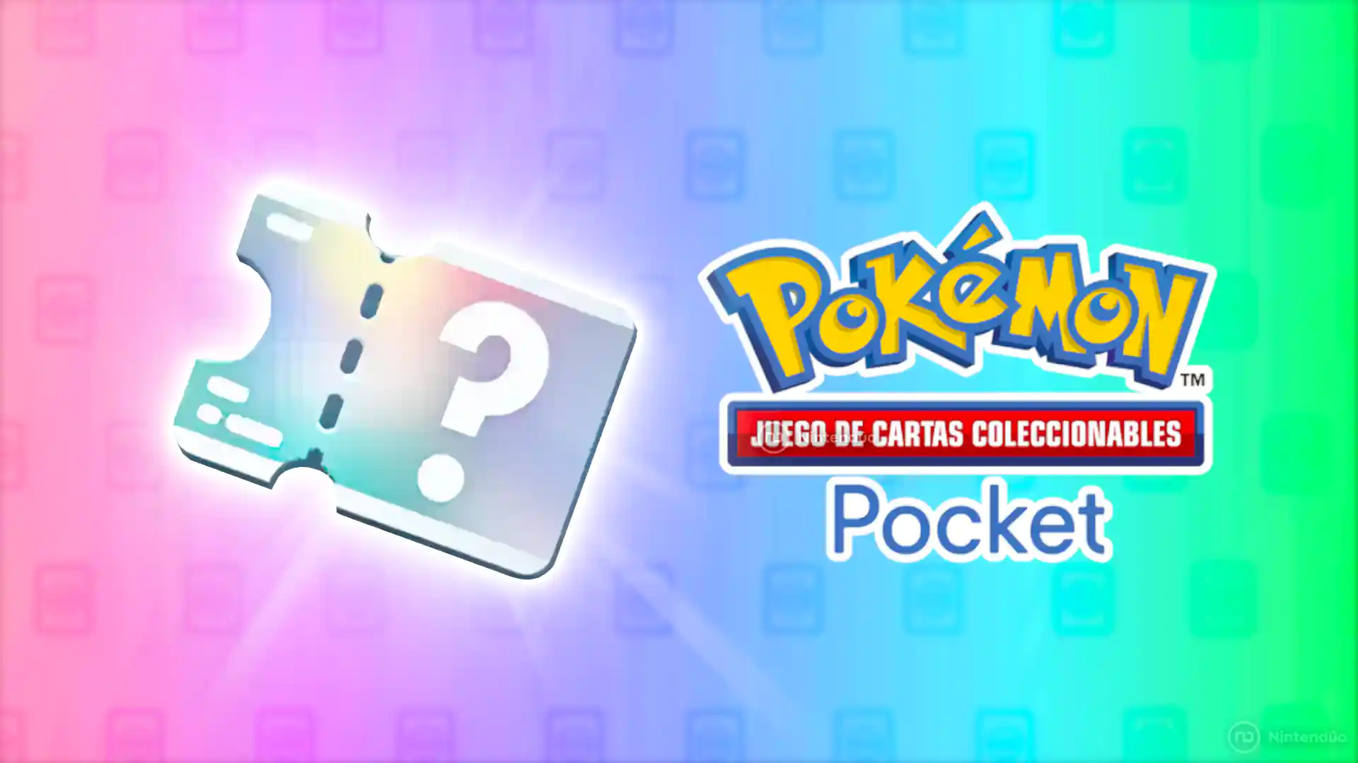 Cupón misterioso del juego de cartas coleccionables Pokémon TCG Pocket con un símbolo de interrogación sobre fondo de colores pastel.