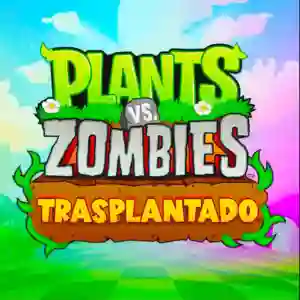 Logo oficial de Plants vs. Zombies: Trasplantado con letras verdes y marrones sobre un fondo colorido.