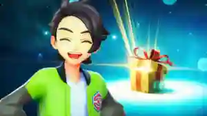Entrenador sonriente recibiendo un regalo misterioso con un cofre dorado iluminado en Leyendas Pokémon ZA.