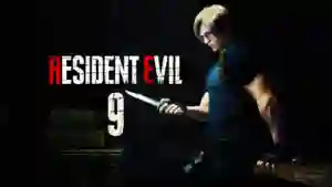 Leon Kennedy sosteniendo un cuchillo junto al logo de Resident Evil 9 en una habitación oscura. Leon Kennedy sosteniendo un cuchillo junto al logo de Resident Evil 9 en una habitación oscura.