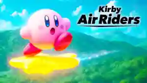 Kirby volando sobre una estrella amarilla en el cielo con el logo de Kirby Air Riders y un paisaje verde de colinas al fondo.