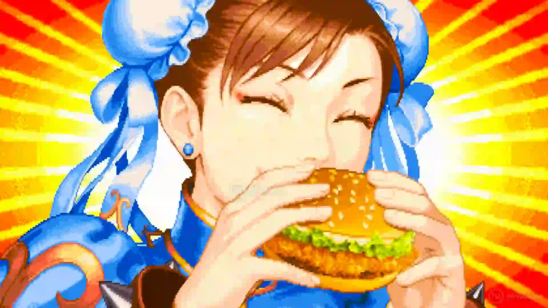 Chun‑Li de Street Fighter en pixel art muerde una hamburguesa con fondo de rayos amarillos, promocionando el menú de McDonald’s inspirado en Street Fighter 6.