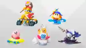 Set de figuras amiibo de Kirby Air Riders con Kirby, Meta Knight, King Dedede y Waddle Dee pañuelo montados en sus vehículos de carreras.