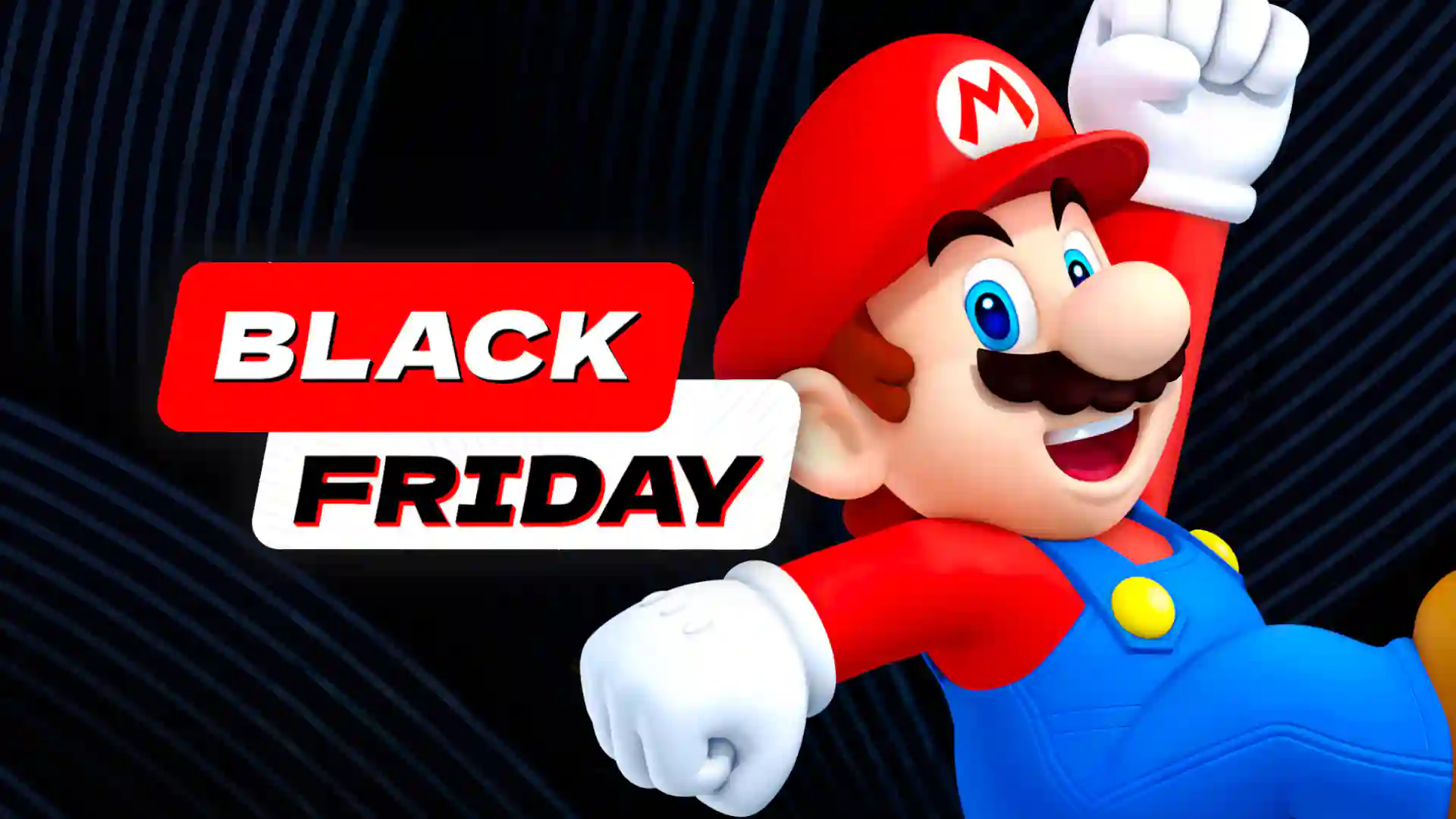 Mario sonriente levantando el puño junto al texto Black Friday en una promoción de Nintendo.