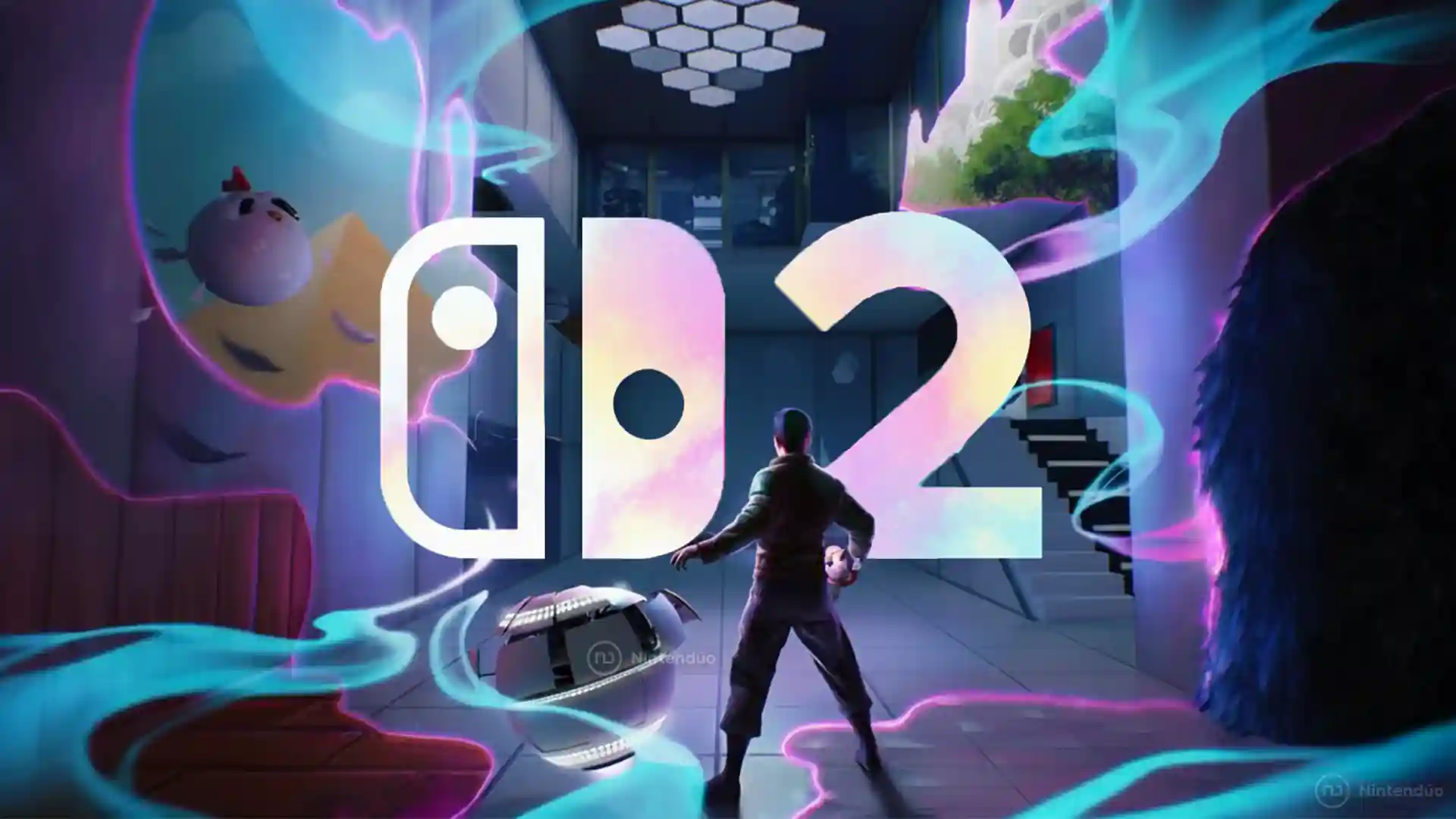 Ilustración promocional de Chromagun 2 para Nintendo Switch 2 con un personaje de espaldas rodeado de remolinos de tinta de colores y el icono de la consola en un entorno futurista inspirado en Splatoon y Portal