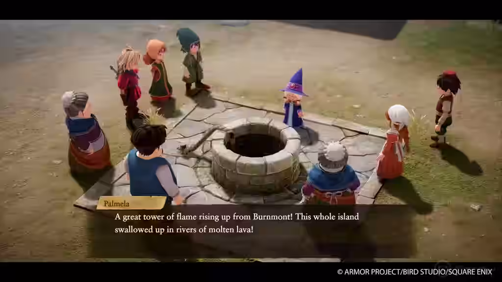 Varios personajes chibi de Dragon Quest VII Remake se reúnen alrededor de un pozo de piedra para escuchar un relato sobre una erupción en Burnmont.